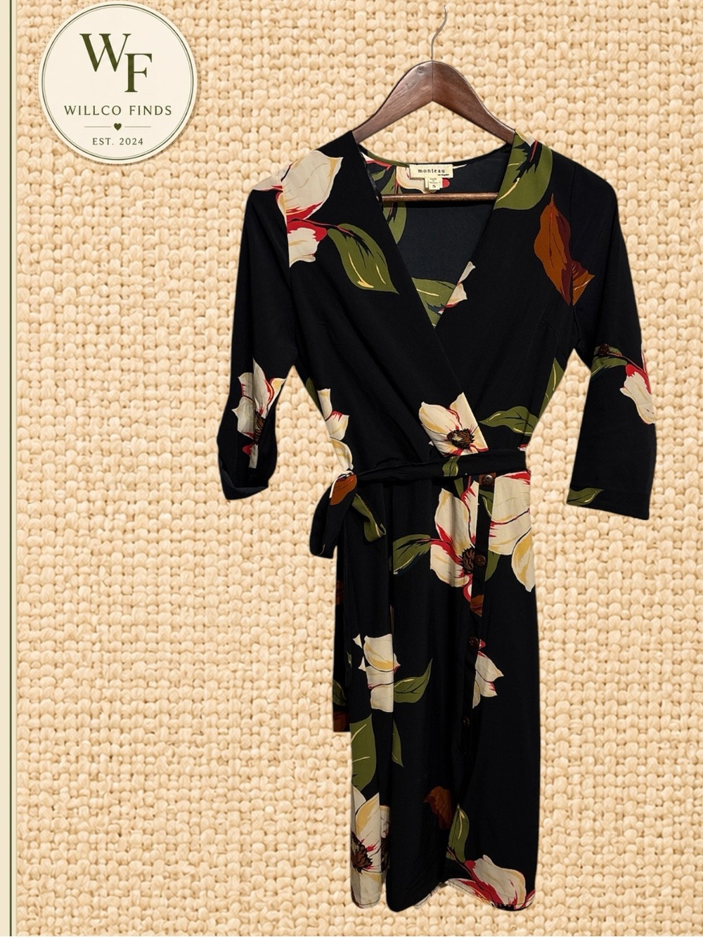 Monteau Dark Navy Floral Wrap Midi Dress Women’s Small Belted 3/4 Sleeve